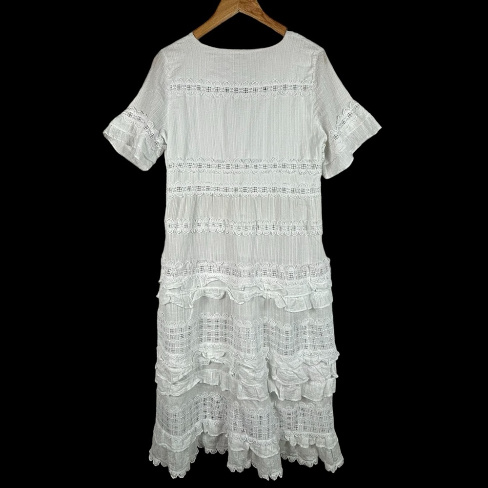 REBA White Cotton Mixed Lace Ruffle Boho V-Neck Short Sleeve Midi Dress Size 6 - Picture 3 of 9